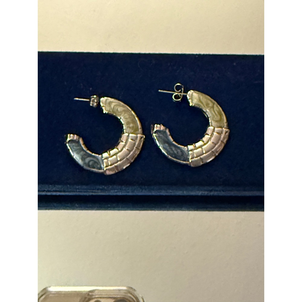 Vintage Two Tone Enamel 3/4 Circle Hoop Earrings Blue Green Silver Tone Post - Picture 9 of 10
